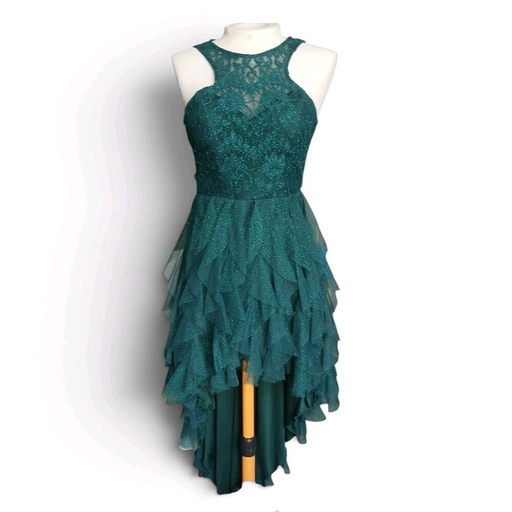 Teeze Me Women's Emerald Green High Low Party Dress Size 0 Lace Glitter Ruffle